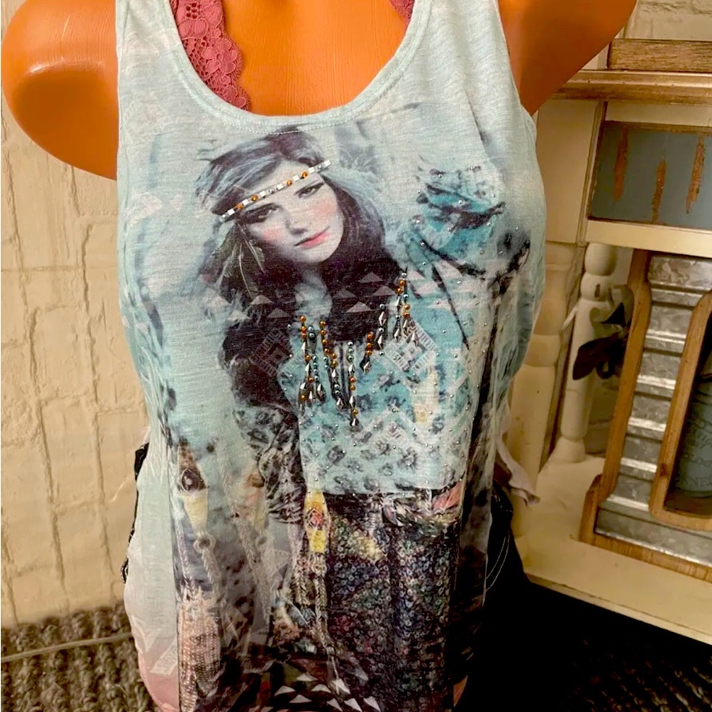 Women’s THE CLASSIC Embellished BOHO Graphic Print Tank Top XS NEW!